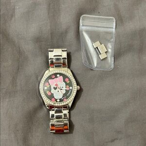 Betsey Johnson Silver Watch with Pink Bow and Skull